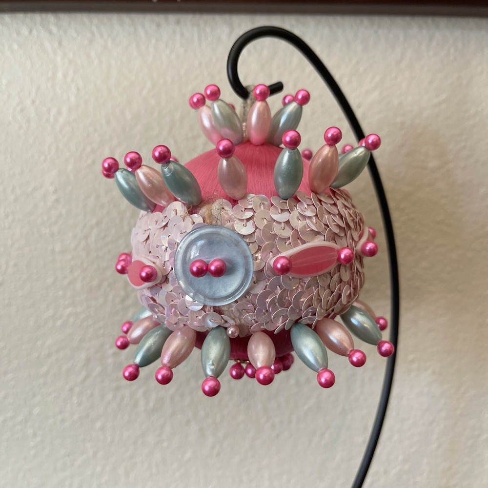 Vintage‎ Bead Sequin Push Pin Christmas Tree Ornament Satin Pink Completed AS IS